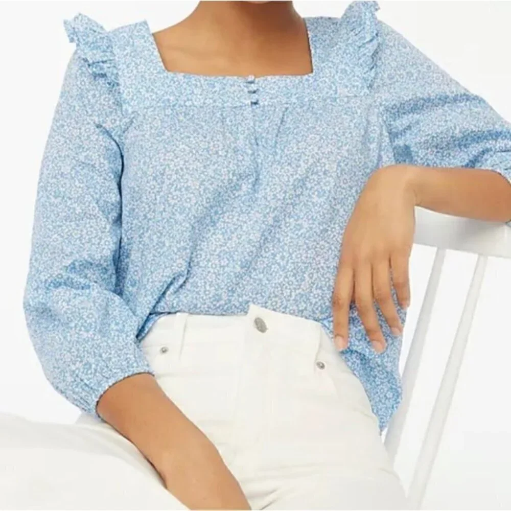 New J Crew Size 2X Square neck ruffle top Blue/White SU23 *Stain* - Picture 8 of 13
